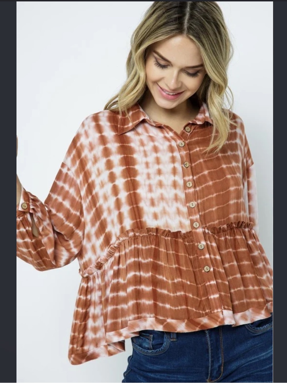 Rust Tie-Dye Babydoll Button-Down Shirt